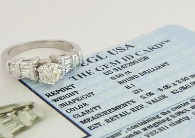 Anillo de compromiso redondo de diamantes baguette 0,88 quilates platino EGL EE. UU. RTL $3.650 Foto 1 de 4