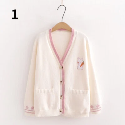 Mujeres Niña Suéter Tejido Cárdigan Abrigo Chaqueta Jersey Top Lindo Conejito Cálido Preppy Foto 1 de 4