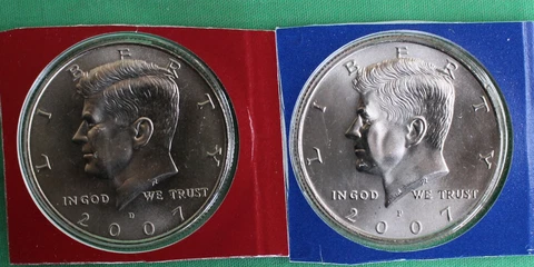 2007 P and D Kennedy BU Half Dollar Coins 50c Cut from US Mint Set Cover