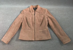 Alfani Petite Brown Full Zip 100% Leather Jacket Womans Size P Lined Four Pocket - Picture 1 of 15