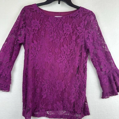 Elle Lce Overlay Floral Shirt Womens Small Purple Round Neck Long Sleeve Lined - Imagem 1 de 4