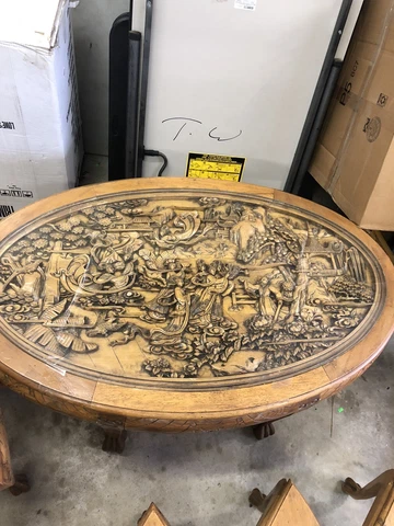 Vintage Chinese Asian Ornately Carved Golden Brown Coffee Table w 6 Stools Cover