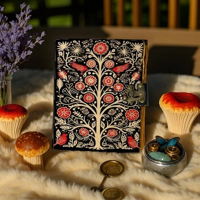 Floral Tree of Life Leather Journal with Lock – Handmade Red Bird Notebook - Image 1 of 4
