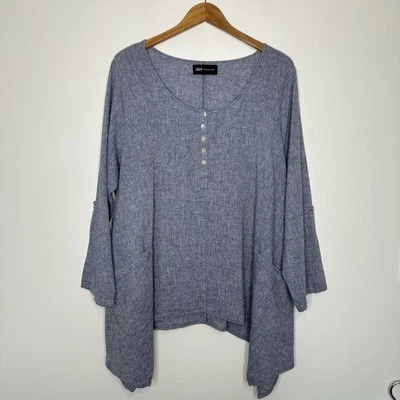 JNY Jones New York Linen Blend Tunic Top Womens Size 1X Blue Asymmetrical Hem - Image 1 of 4