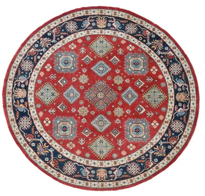 Tribal Red Round Rug Handspun Wool Kazak Design Pakistan Oriental Carpet 9X9 ft - Image 1 of 4
