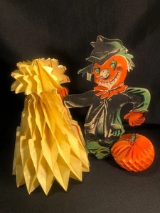 Vintage Halloween~ Scarecrow, Haystack, & Pumpkin Diecut W/Honeycomb~ Decoration - Picture 1 of 11