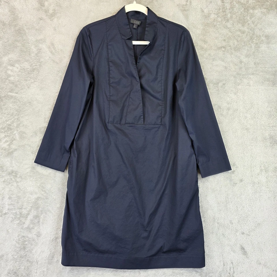 COS Dress Womens 10 Navy Long Sleeve V-Neck Mandarin Collar Minimalist Shift - Image 1 of 4