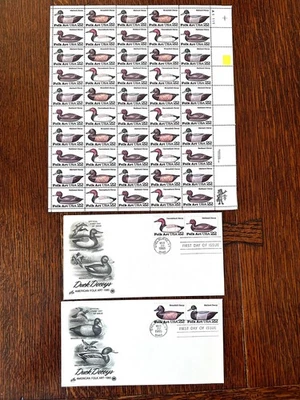 US 1985 Sc2138-41 Ducks Full Pane of 50 MNH + 2 Artcraft Unaddressed FDCs  - Image 1 of 2