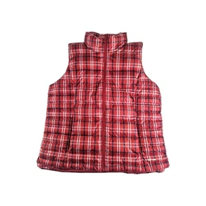 Land's End Puffer Down Vest Women L 14-16 Red Blue Plaid Preppy Casual - Picture 1 of 12