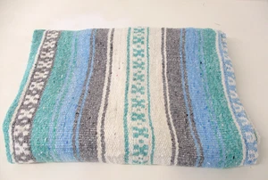 Vintage Mexican Blanket, Sarape, Throw, Rug, Blue Green Woven Stripes Snuggle 97 - Picture 1 of 8