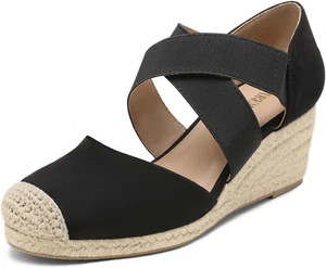 Womens Close Toe Espadrilles Platform Slip on Elastic Criss Cross Straps Dressy - Picture 1 of 5