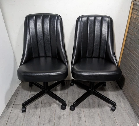 Vintage Pair of Chromcraft Rolling Black Vinyl Chairs Mid Century Modern Retro Cover