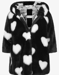 292$ MONNALISA Girls Love-Heart Faux Fur Coat Black White - Picture 1 of 10