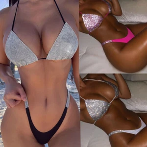 Women Sexy Bikini Swimwear Beachwear Shiny Bra Set Thong Bathing Suit - Picture 1 of 15