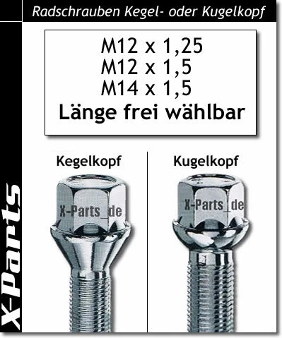 Vis de Roue M12x1,5/M12x1,25/M14x1,5/M14x1,25 Cône Ou Bille/Sphère 20mm - 60mm - Photo 1/4