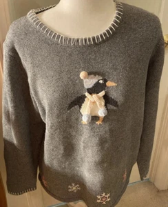 Marisa Christina Classics Knit Christmas Sweater Penguin Embroidery Grey Sz XL - Picture 1 of 10