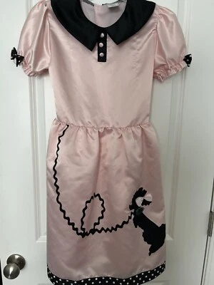 Niñas Años 50 Rosa Caniche Falda Vestido Talla 10-12Y; Rosa Con Acentos Negros Foto 1 de 4