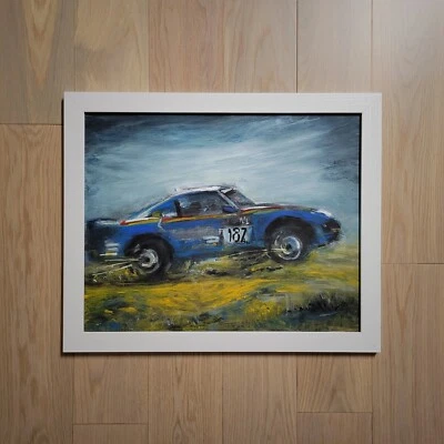 Arte Original 1985 Porsche Pintura 911 959 Dakar Rally Coche de Carreras Kravt 16x20 FRMD Foto 1 de 4
