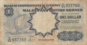 Malaya & B.B. $1 1.3.1959 P 8A Series B/34 Circulated Banknote QZ4 - Picture 1 of 2