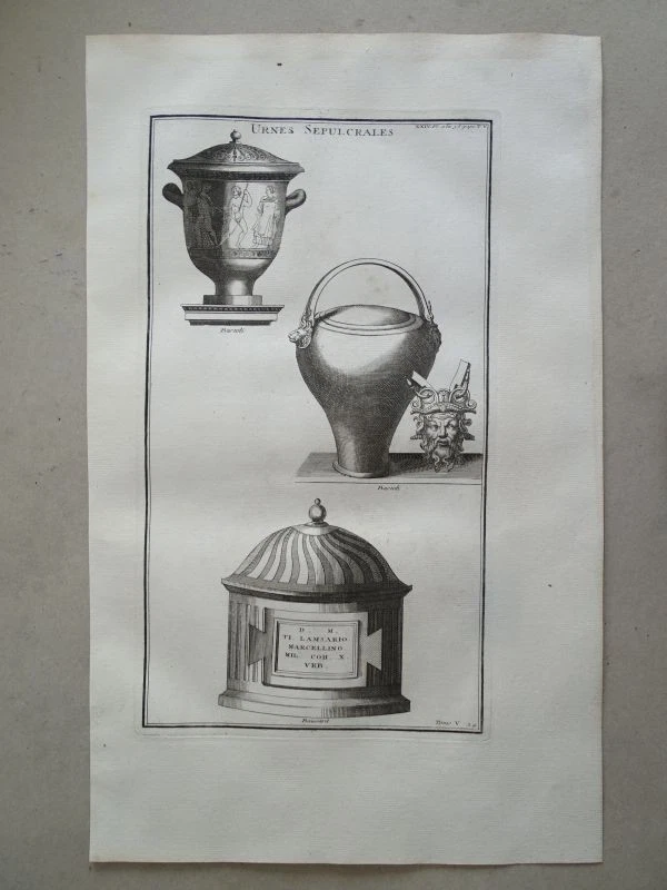 Urne Sepulcrale Maske Gefäß Antike röm. Asche- Urne Montfaucon Kupferstich 1722 - Bild 1 von 1