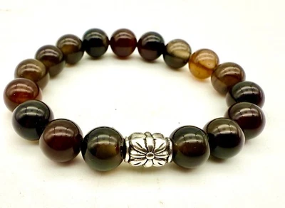 Pulsera hecha a mano de 10 mm de ágata espresso y cuentas de piedras preciosas de plata tibetana Foto 1 de 4