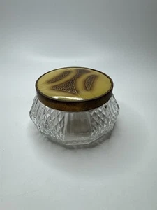 Vintage Glass and Gold Tone Metal Lid Vanity Dresser Powder Trinket Jar Leaf - Picture 1 of 8