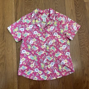 LL Bean Girls Short Sleeve Hawaiian Pineapple Floral Pink Button Shirt Medium - Picture 1 of 4