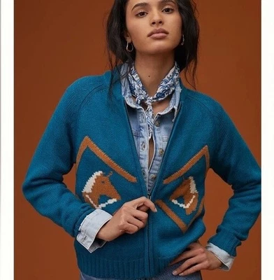 Cárdigan Equino TINY x Anthropologie CABALLO CREMALLERA FRONTAL TALLA XS Azul Marrón Nuevo con Etiquetas Foto 1 de 4