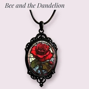 Red Rose Stained Glass Effect Gothic Steampunk Glass Cabochon Cord Necklace - Picture 1 of 5