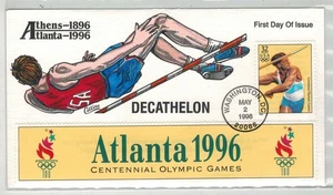 1996 COLLINS HANDPAINTED ATLANTA OLYMPICS DECATHELON & LABEL FROM STAMP SHEET - Picture 1 of 1