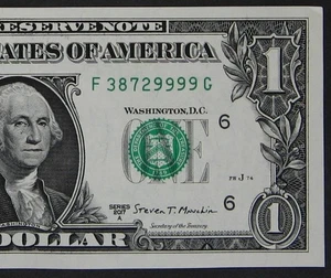 2017A $1 (ONE DOLLAR) - NOTE - FANCY SERIAL NUMBER- FOUR 9's, TRAILING QUAD 9999 - Picture 1 of 3