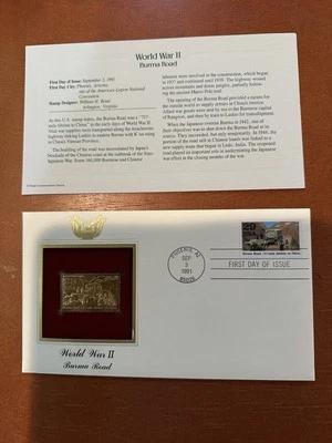 Segunda Guerra Mundial - Estrada da Birmânia - Réplica de selo de ouro 22kt / capa de primeiro dia - Imagem 1 de 4