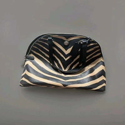 Coach Zebra Stripe Satchel Handbag Black Ivory Dome Bag Leather Trim Authentic - Image 1 of 4