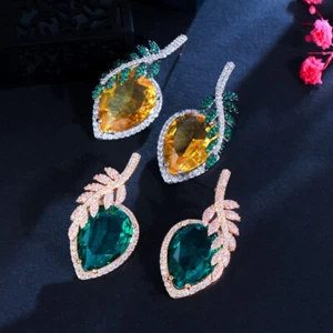 Yellow Gold Plated CZ Green Leaf Feather Drop 925 Silver Pin Earrings for Brides - Picture 1 of 14