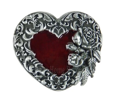 Mujer Corazón Rojo Rosas Hebilla Cinturón Esmalte Antiguo Tono Plata Se Ajusta a Cinturones de 1.5"  Foto 1 de 2