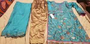 Pakistani /Indian Women's Sea Green Embroidered Chiffon Suit w/ Golden Silk Pant - Picture 1 of 9