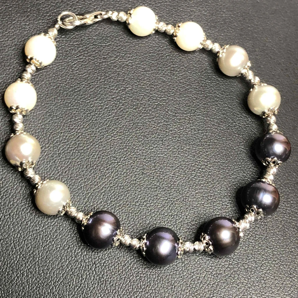 5279 Sterling silver signed IPS 925 Black white pearl bracelet 11.5grams  7.5" - Image 1 of 1