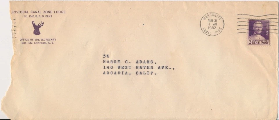 Cristobal Canal Zone Lodge B.P.O. Elks 1953 Advertising cover 3c CZ postage - Image 1 of 1