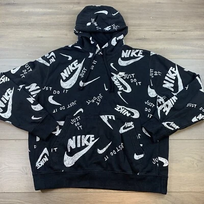 Nike Sportswear Club Hoodie Drawn Logo All Over Print Men’s Large Black/White - Image 1 of 4