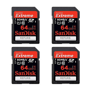LOT of 4 SanDisk Extreme 64GB SDXC Card 80MB/s Class 10 (REFURB)