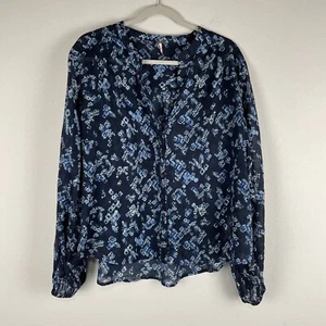 Free People blau Blumen Batik Ballonärmel Bauern halbtransparent Top Größe Small - Bild 1 von 6