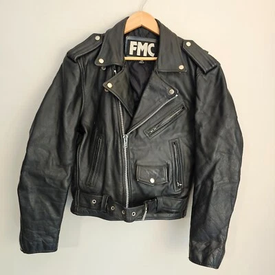 FMC 皮革摩托车夹克男式 36 黑色被子衬里朋克骑手重型复古 — 第 1/4 张图片