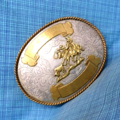 Team Roping Jeffco Fair Heeler Rodeo Trophy Belt Buckle Nickel Vtg MSS   .NOX782 - Image 1 of 4