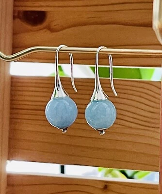 Pendientes de piedra aguamarina pulida natural tono plata (12 mm) Foto 1 de 3
