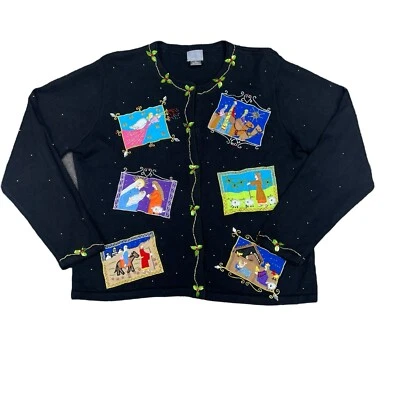 Cardigã Berek Nativity Natal Feminino XL Bordado Suéter Frisado Anos 90 Antigo - Imagem 1 de 4