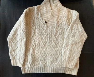 ARAN Sweater Market Fisherman  Mens L Ivory Irish  Pockets Button Collar Ireland - Image 1 of 4