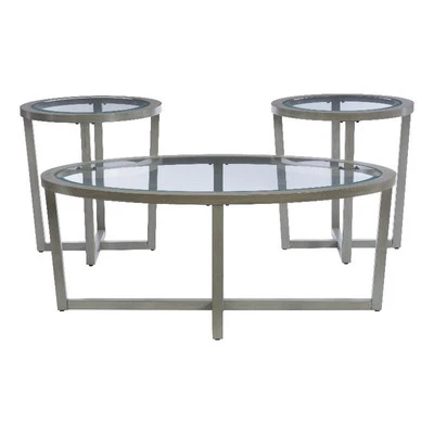 Juego de mesa de centro y auxiliar de madera Pemberly Row de 3 piezas con tapa de vidrio en plata Foto 1 de 4