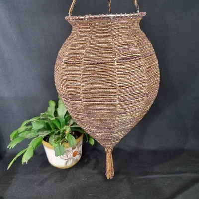 Moroccan Style Beaded Ceiling Lampshade Purple Gold Tasselled 90cm Hanging - Image 1 of 4