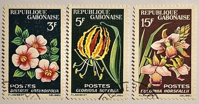 Gabón, 1964, "Flores" 3 Ediciones Usadas, Scott-#176-178, ¡ENVÍO RÁPIDO Y GRATUITO! Foto 1 de 4