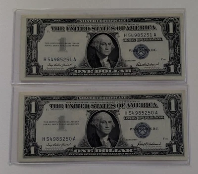 US Two, One Dollar, 1957, $1 Silver Certificates, Uncirculated, Ink Smear Error  - Image 1 of 3